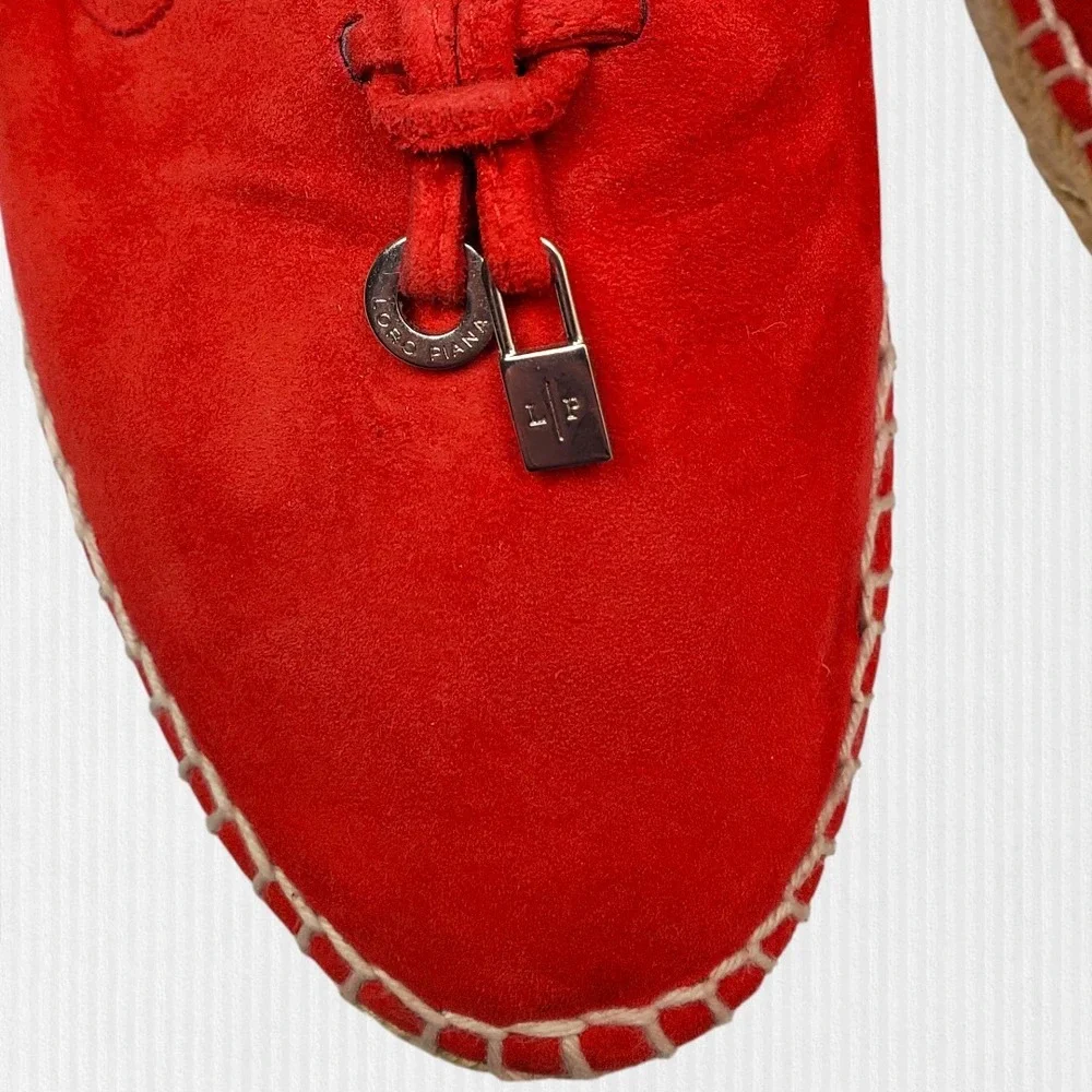 Loro Piana Red Suede Espadrille Loafers with LP Padlock Charm Size 38
